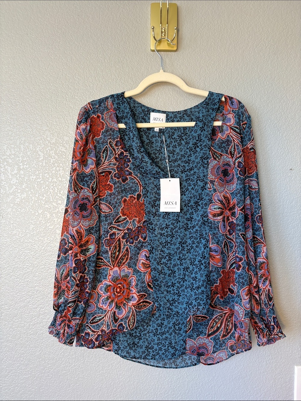 Misa Los Angeles Blue Floral V-Neck Peasant Blouse